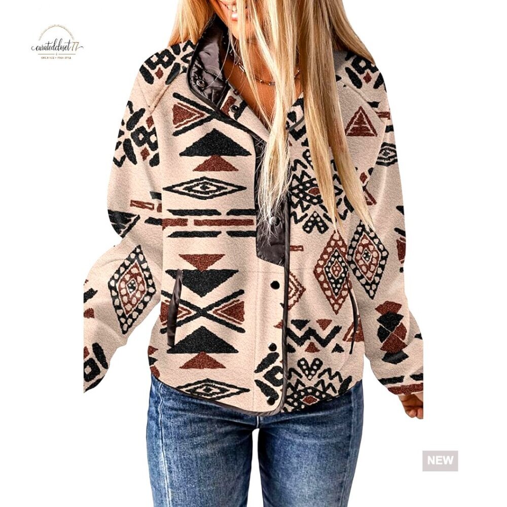 Women's Fleece Jacket Snap Button Long Sleeve Western Aztec Print Pockets